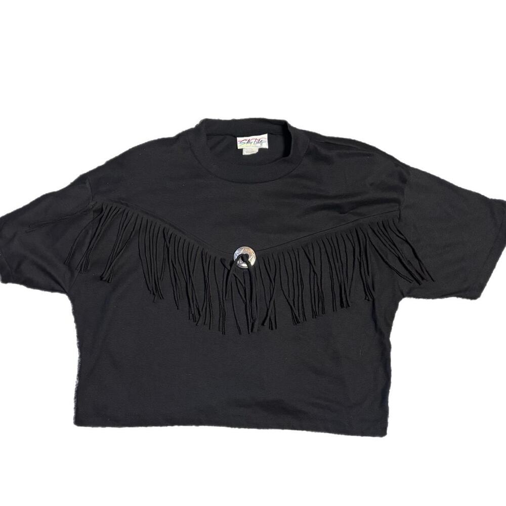 90s black fringe western shirt with silver medallion detail